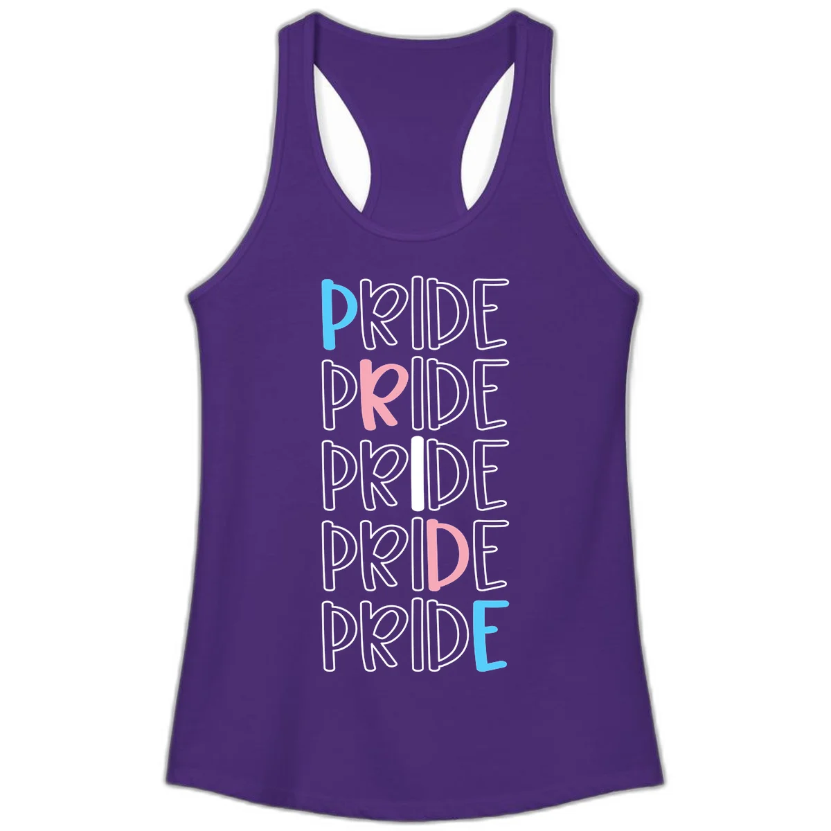 Pride stacked lettering design with the word PRIDE repeated vertically in outlined text with cyan blue and pink accent colors on gray background in Solid Purple Rush