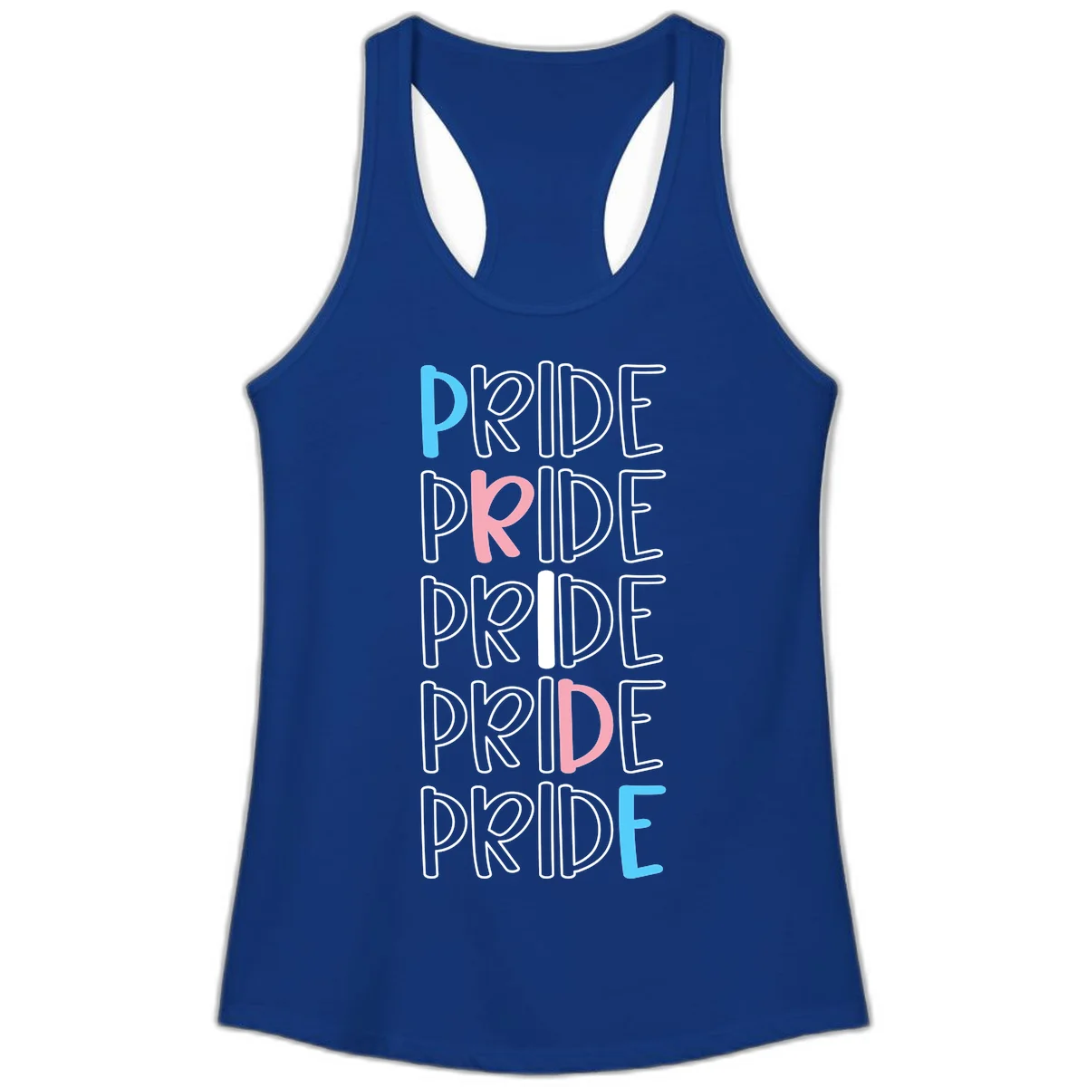 Pride stacked lettering design with the word PRIDE repeated vertically in outlined text with cyan blue and pink accent colors on gray background in Solid Royal