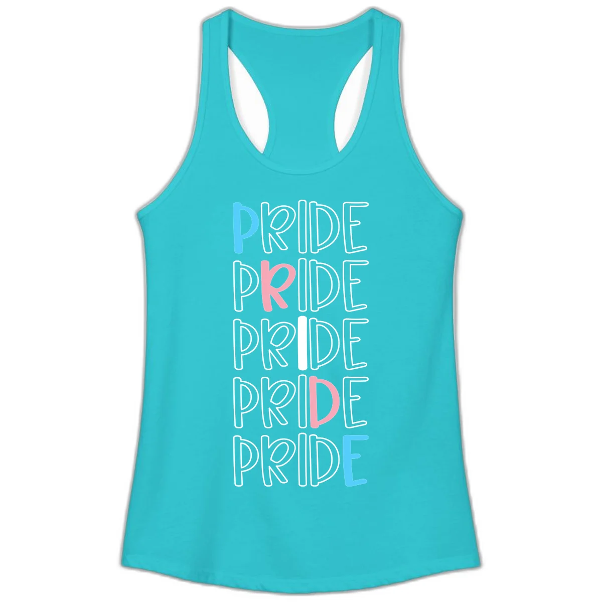 Pride stacked lettering design with the word PRIDE repeated vertically in outlined text with cyan blue and pink accent colors on gray background in Solid Tahiti Blue