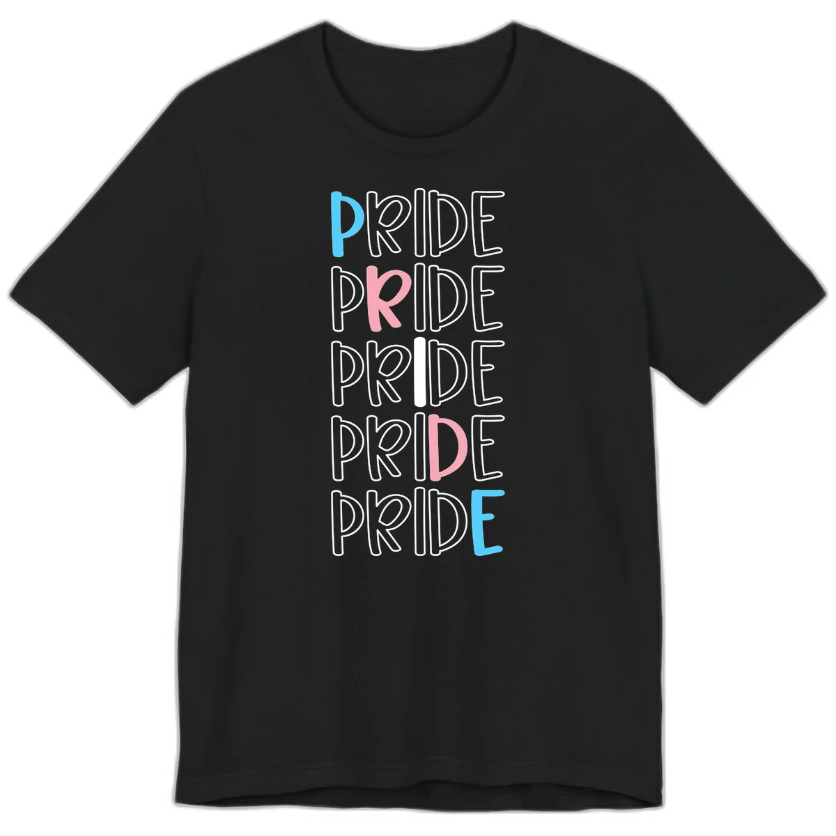 Pride stacked lettering design with the word PRIDE repeated vertically in outlined text with cyan blue and pink accent colors on gray background in Black