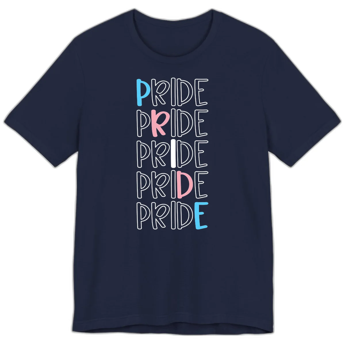Pride stacked lettering design with the word PRIDE repeated vertically in outlined text with cyan blue and pink accent colors on gray background in Navy