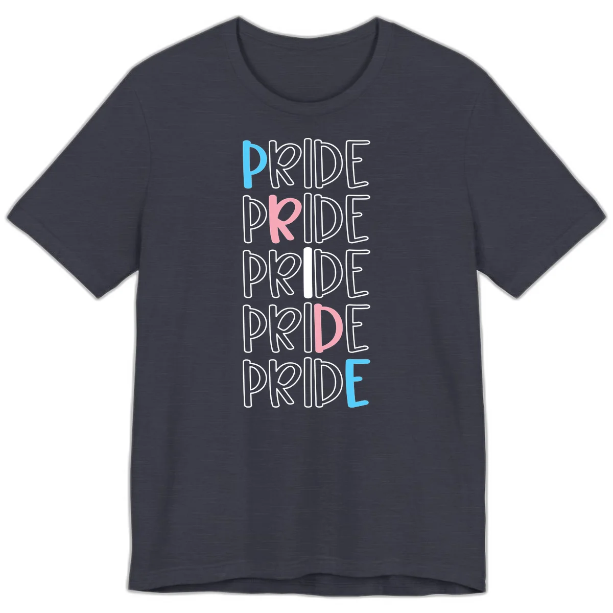 Pride stacked lettering design with the word PRIDE repeated vertically in outlined text with cyan blue and pink accent colors on gray background in Heather Midnight Navy
