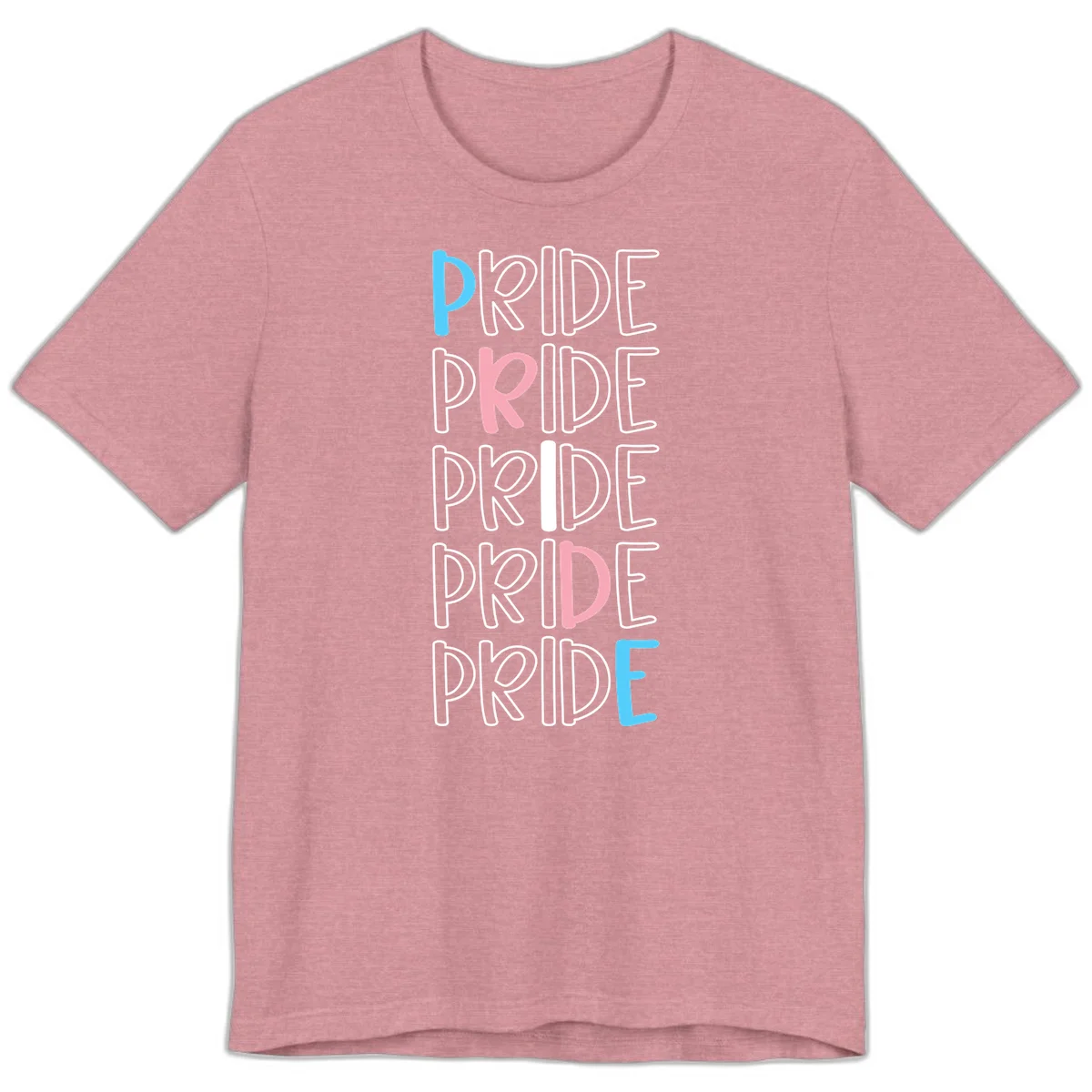 Pride stacked lettering design with the word PRIDE repeated vertically in outlined text with cyan blue and pink accent colors on gray background in Heather Orchid