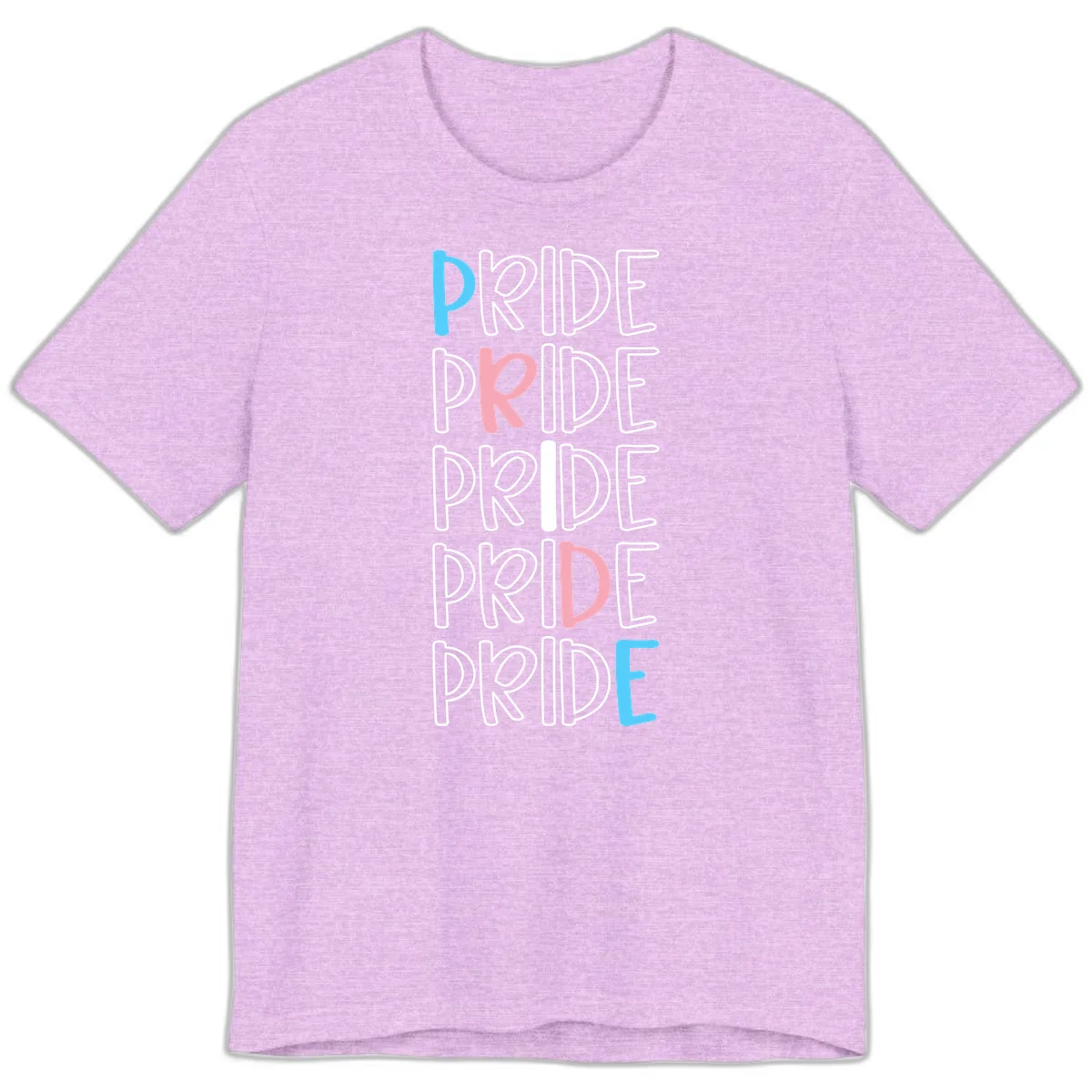 Pride stacked lettering design with the word PRIDE repeated vertically in outlined text with cyan blue and pink accent colors on gray background in Heather Prism Lilac