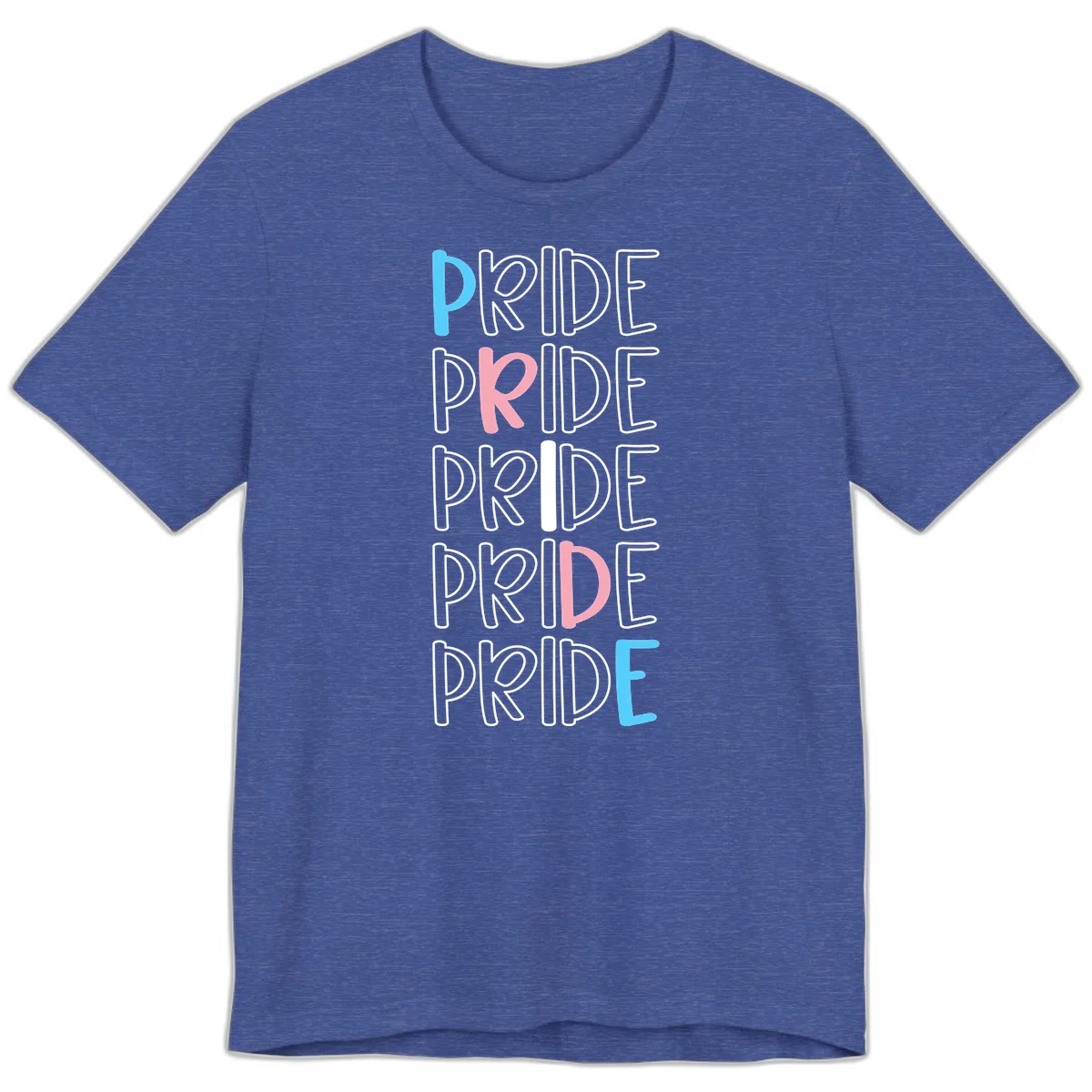 Pride stacked lettering design with the word PRIDE repeated vertically in outlined text with cyan blue and pink accent colors on gray background in Heather True Royal