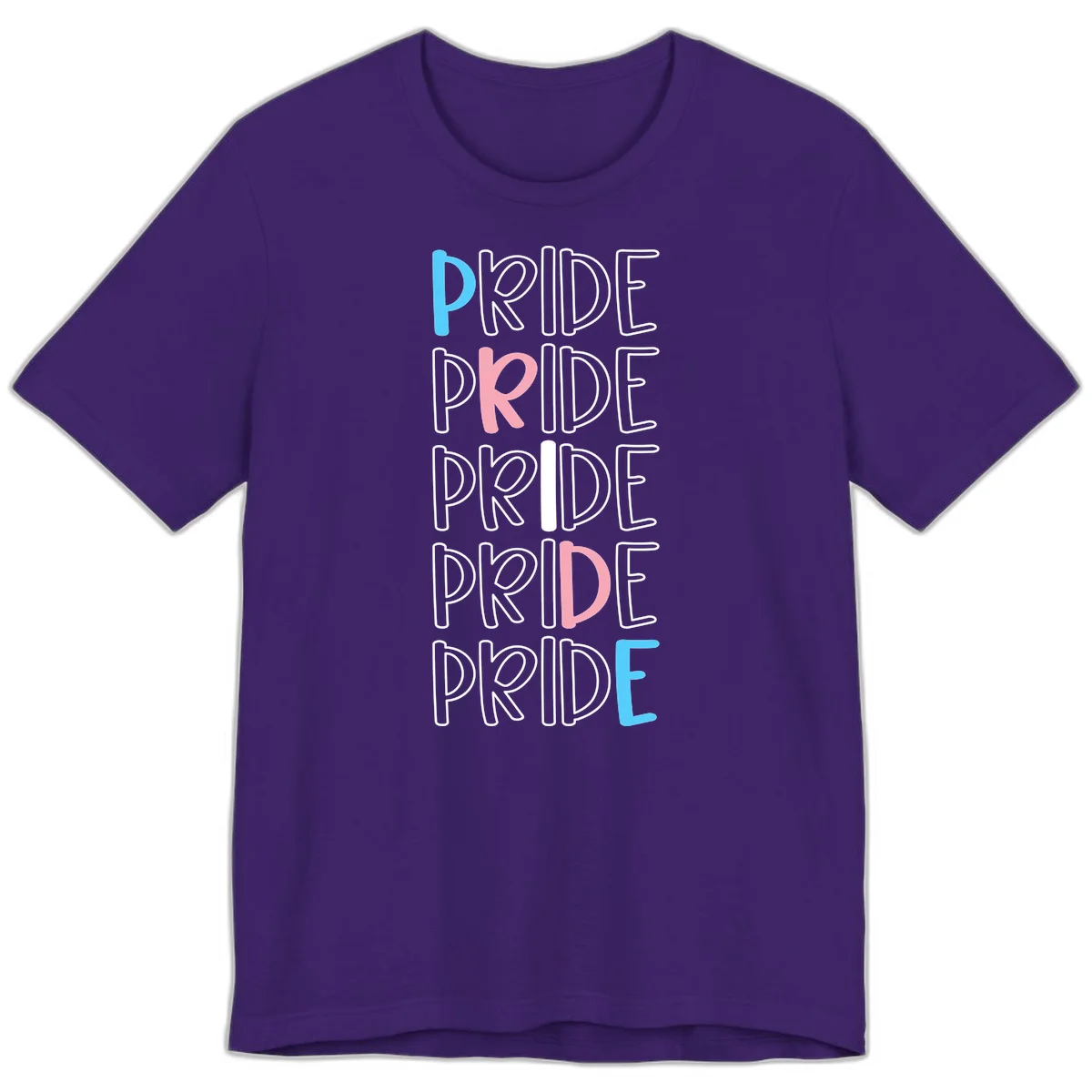 Pride stacked lettering design with the word PRIDE repeated vertically in outlined text with cyan blue and pink accent colors on gray background in Team Purple