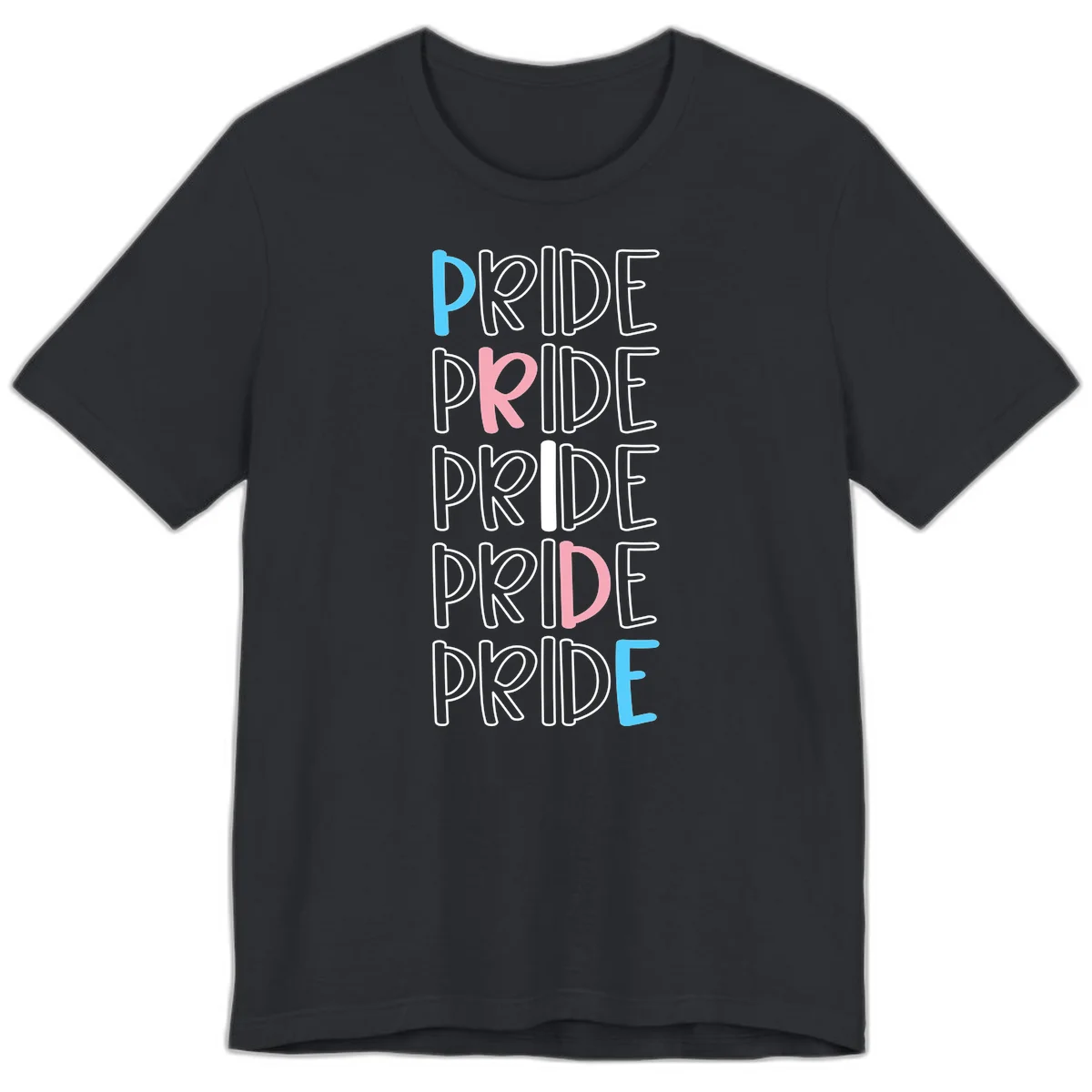 Pride stacked lettering design with the word PRIDE repeated vertically in outlined text with cyan blue and pink accent colors on gray background in Vintage Black