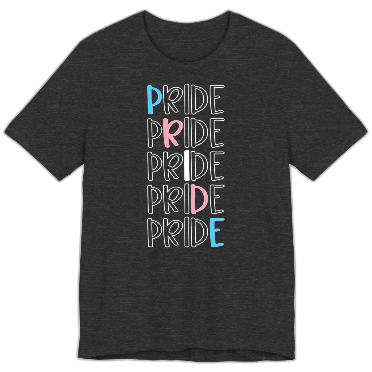 Pride stacked lettering design with the word PRIDE repeated vertically in outlined text with cyan blue and pink accent colors on gray background in Dark Grey Heather