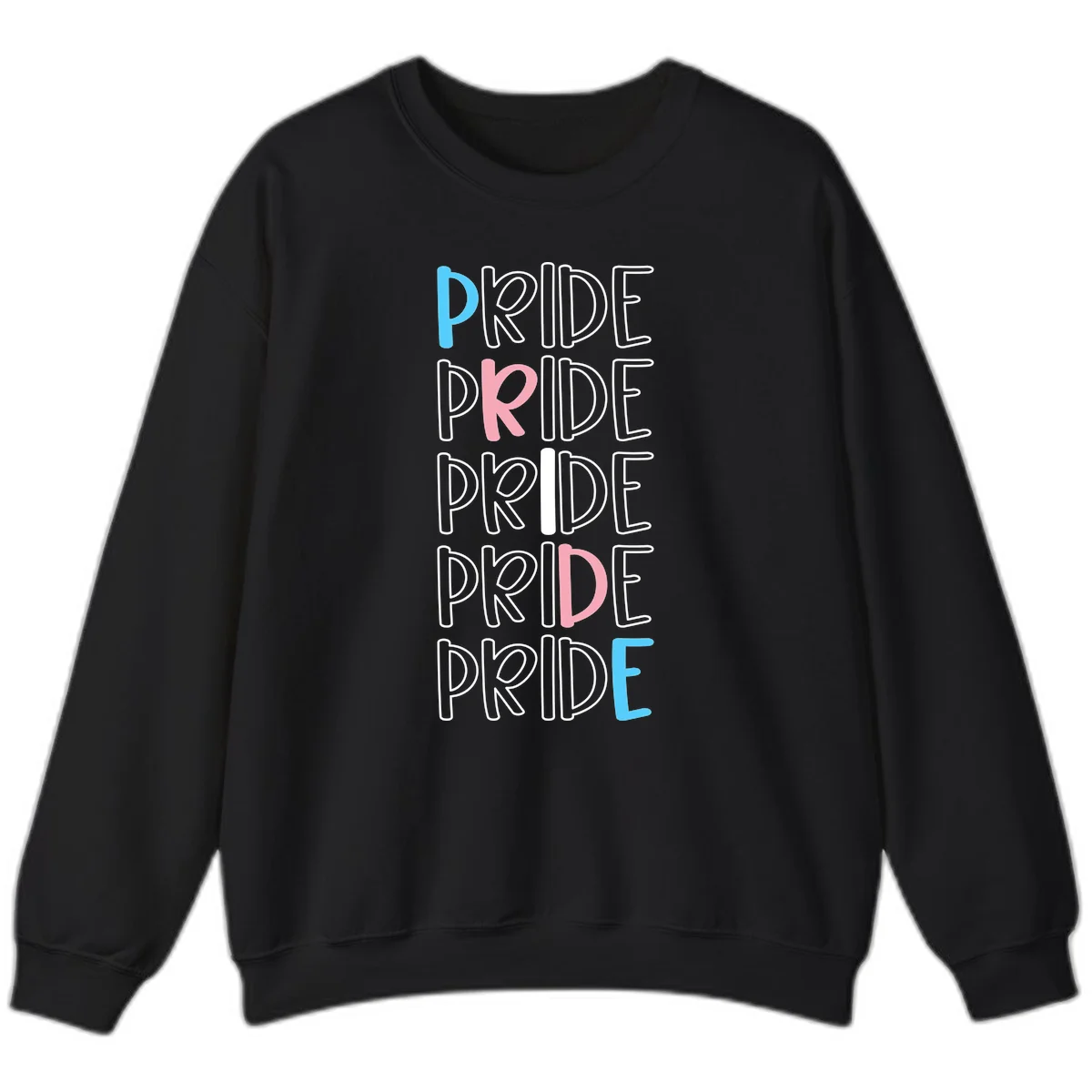 Pride stacked lettering design with the word PRIDE repeated vertically in outlined text with cyan blue and pink accent colors on gray background in Black