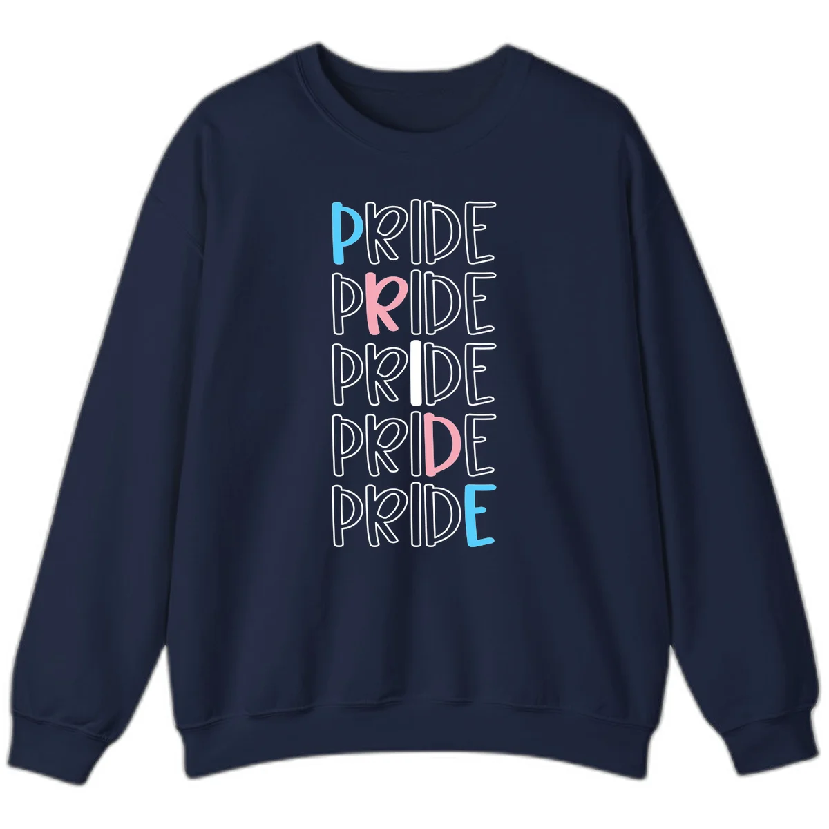 Pride stacked lettering design with the word PRIDE repeated vertically in outlined text with cyan blue and pink accent colors on gray background in Navy
