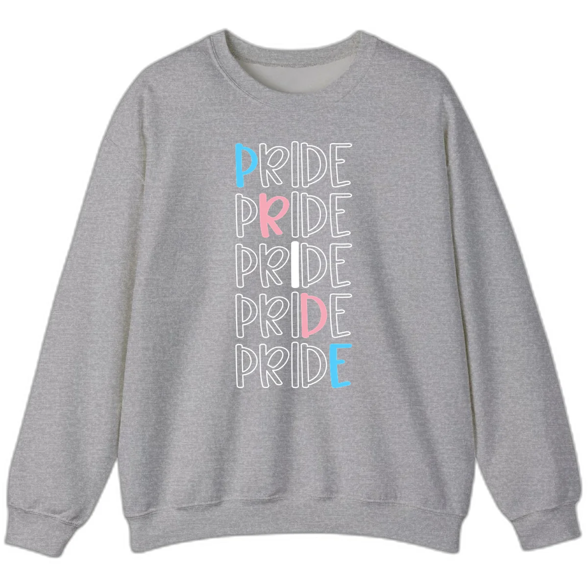 Pride stacked lettering design with the word PRIDE repeated vertically in outlined text with cyan blue and pink accent colors on gray background in Sport Grey
