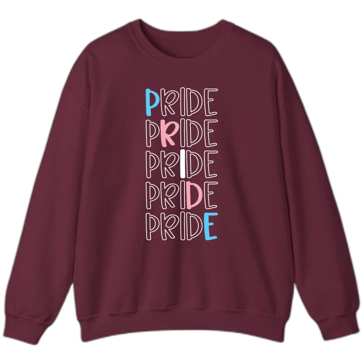 Pride stacked lettering design with the word PRIDE repeated vertically in outlined text with cyan blue and pink accent colors on gray background in Maroon