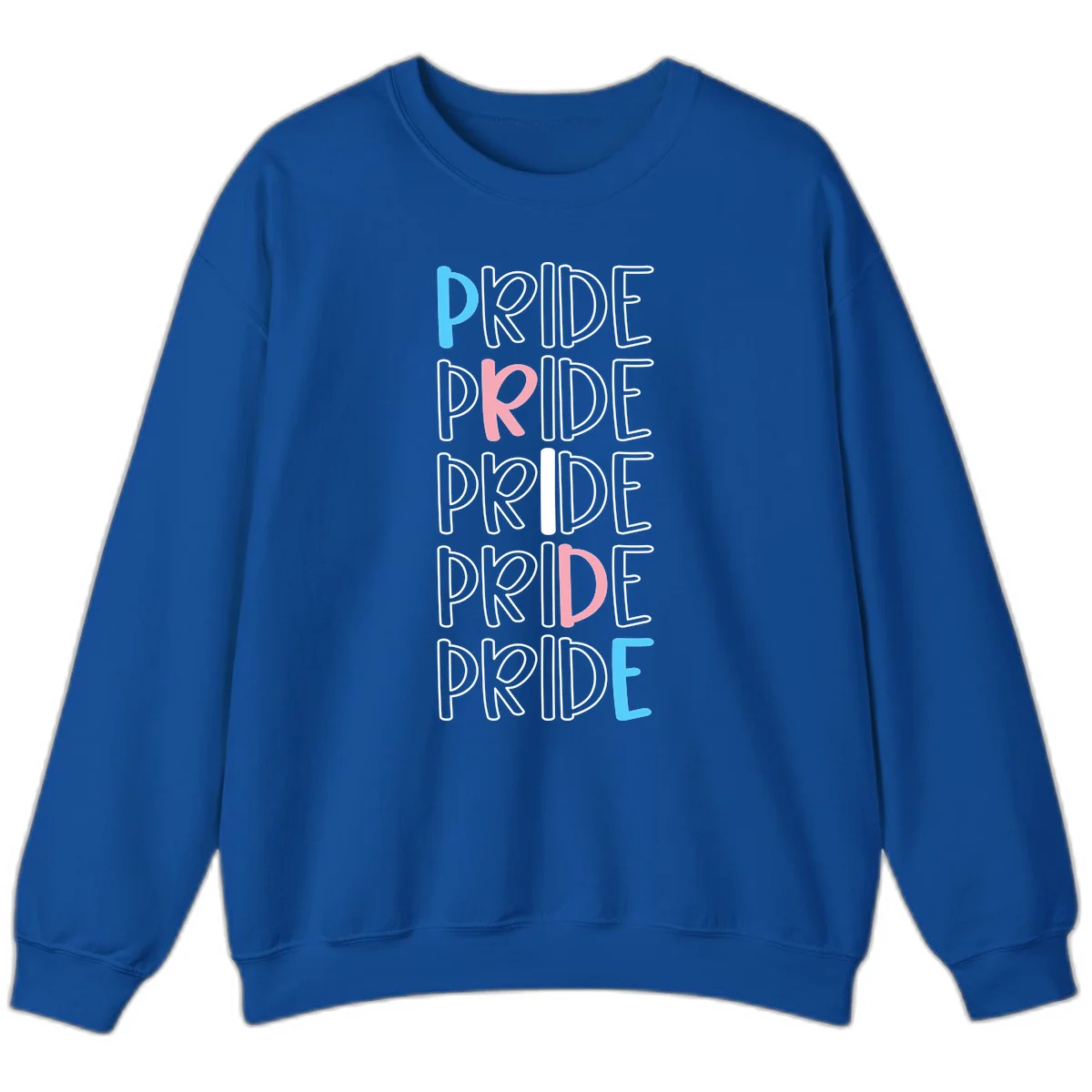 Pride stacked lettering design with the word PRIDE repeated vertically in outlined text with cyan blue and pink accent colors on gray background in Royal