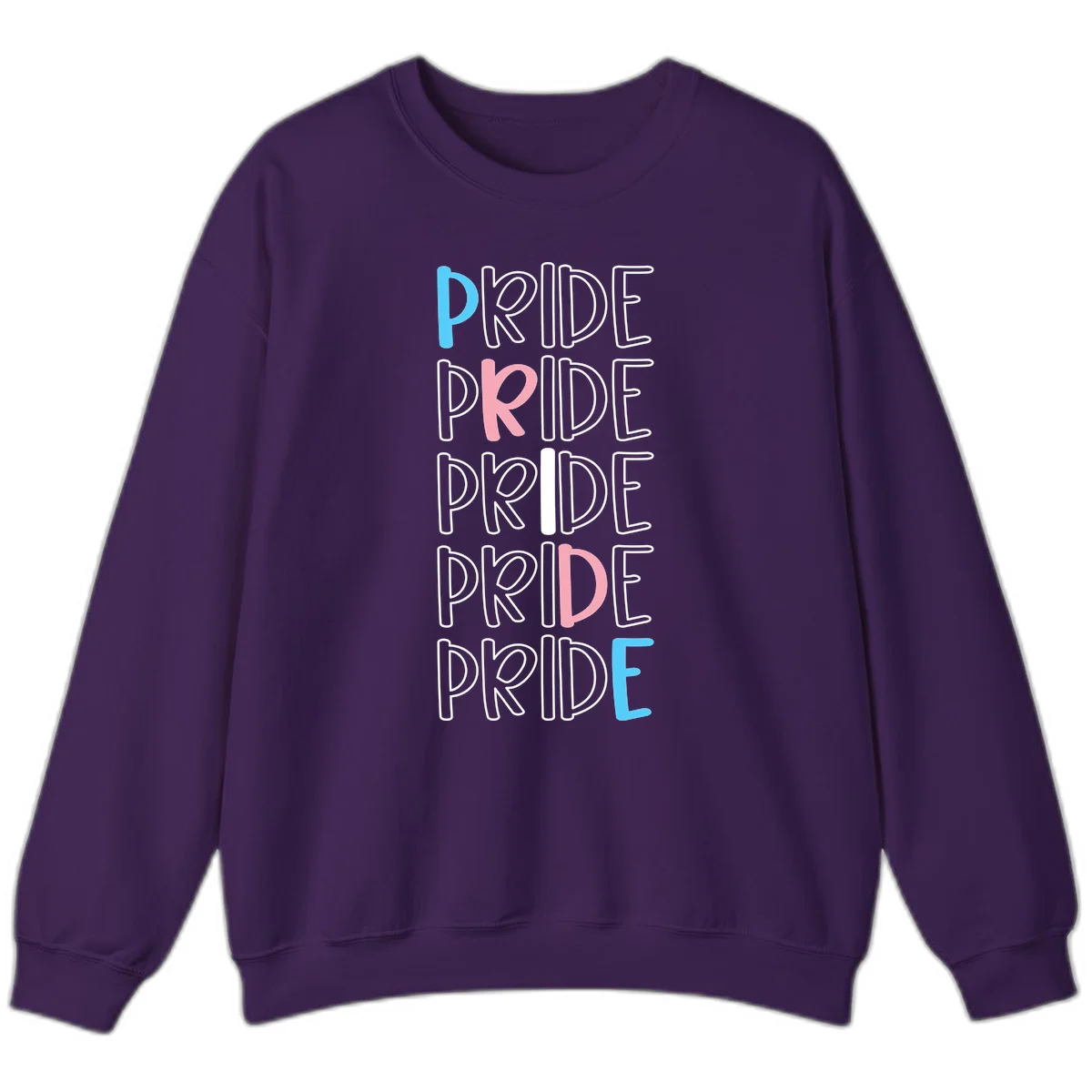 Pride stacked lettering design with the word PRIDE repeated vertically in outlined text with cyan blue and pink accent colors on gray background in Purple