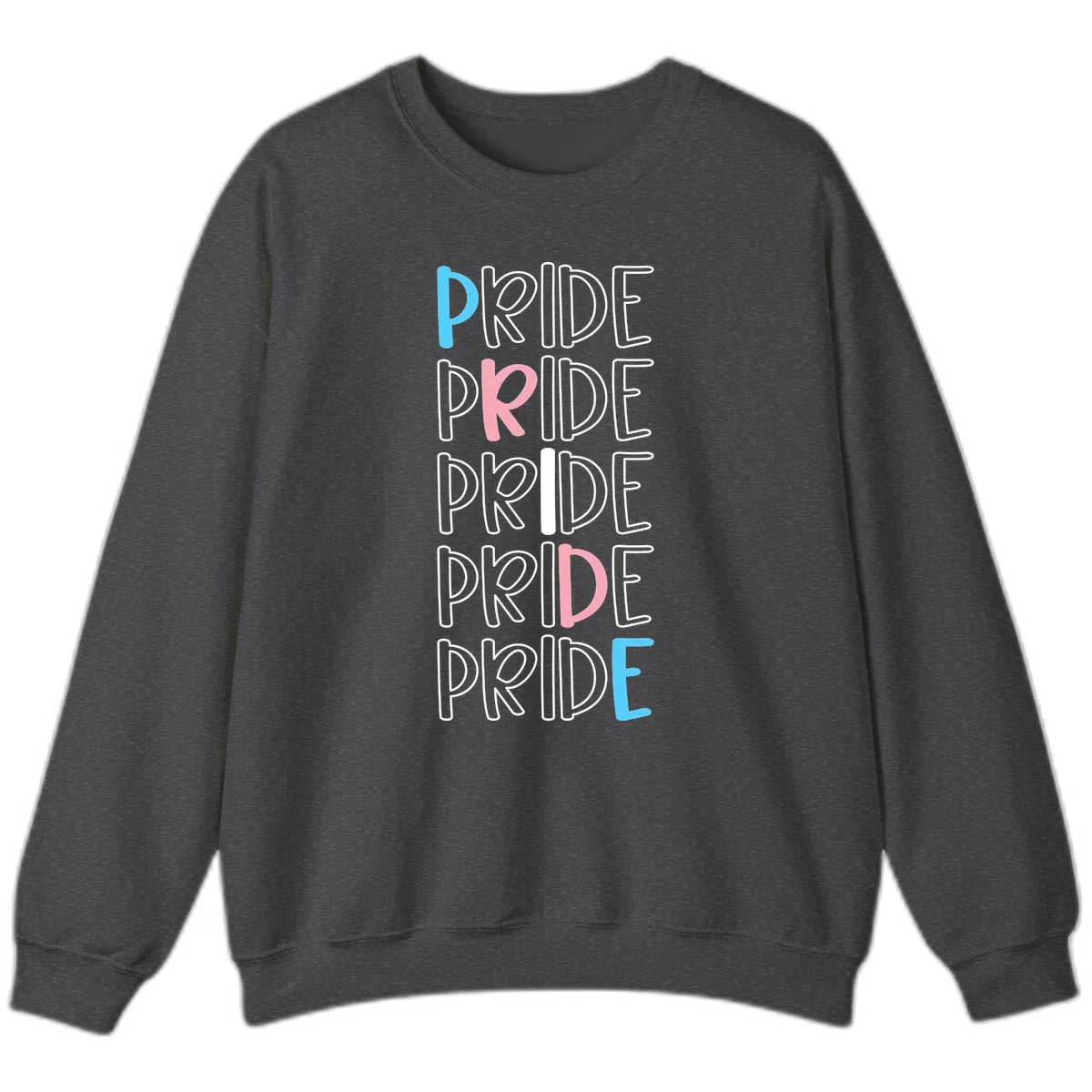 Pride stacked lettering design with the word PRIDE repeated vertically in outlined text with cyan blue and pink accent colors on gray background in Dark Heather
