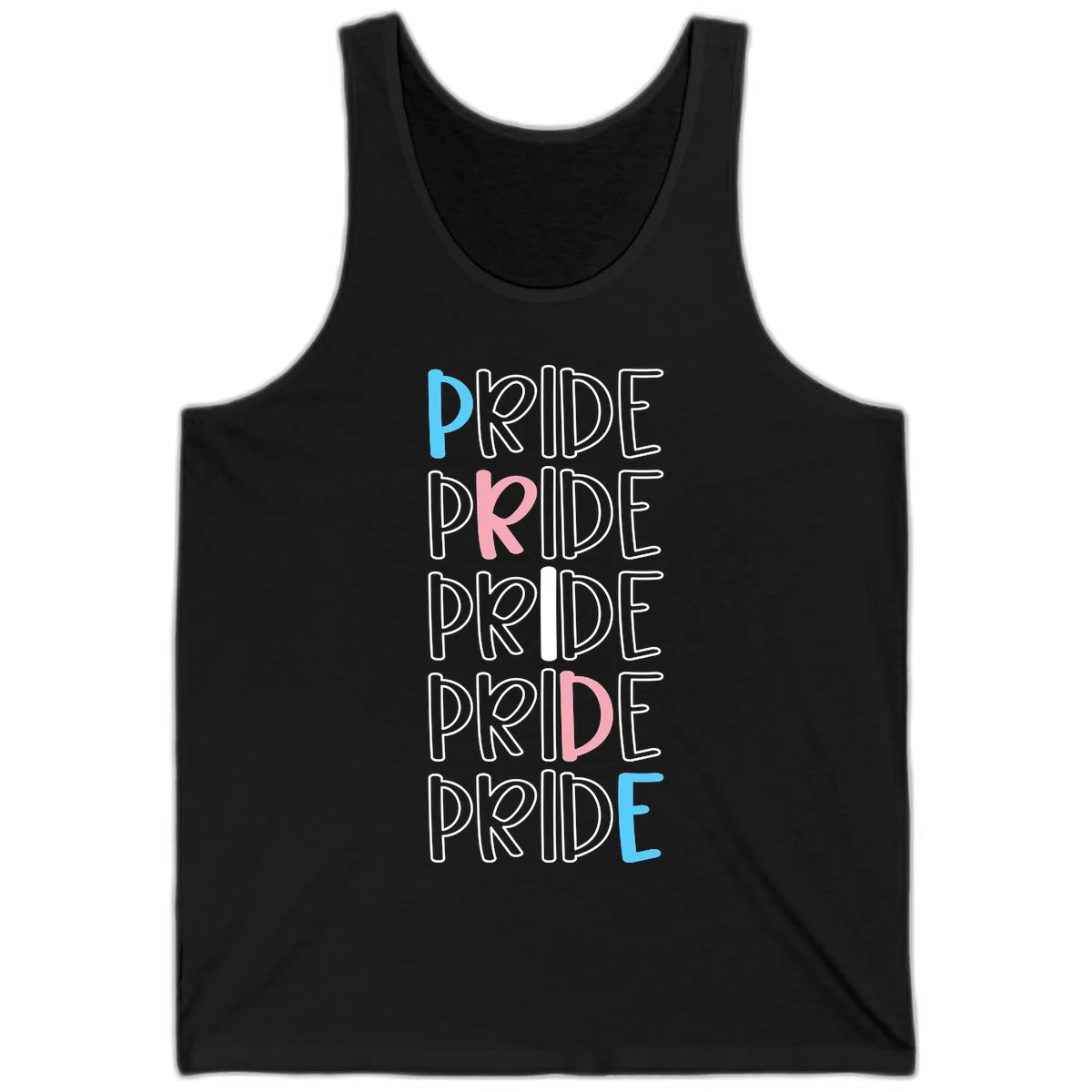 Pride stacked lettering design with the word PRIDE repeated vertically in outlined text with cyan blue and pink accent colors on gray background in Black
