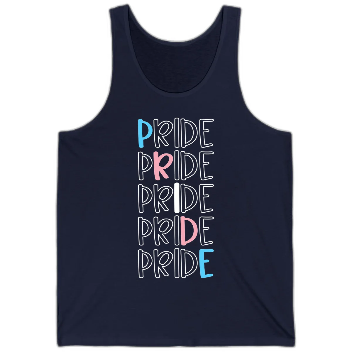 Pride stacked lettering design with the word PRIDE repeated vertically in outlined text with cyan blue and pink accent colors on gray background in Navy