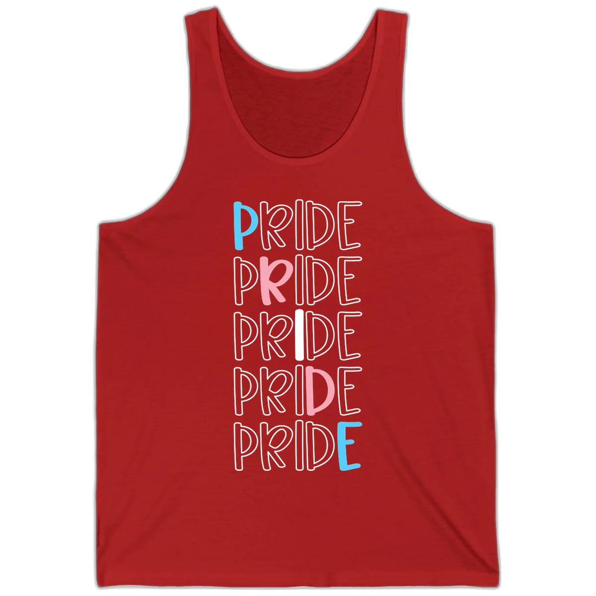 Pride stacked lettering design with the word PRIDE repeated vertically in outlined text with cyan blue and pink accent colors on gray background in Red