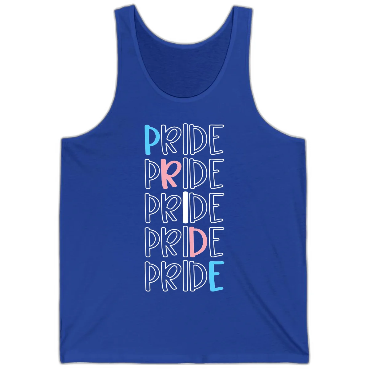 Pride stacked lettering design with the word PRIDE repeated vertically in outlined text with cyan blue and pink accent colors on gray background in True Royal