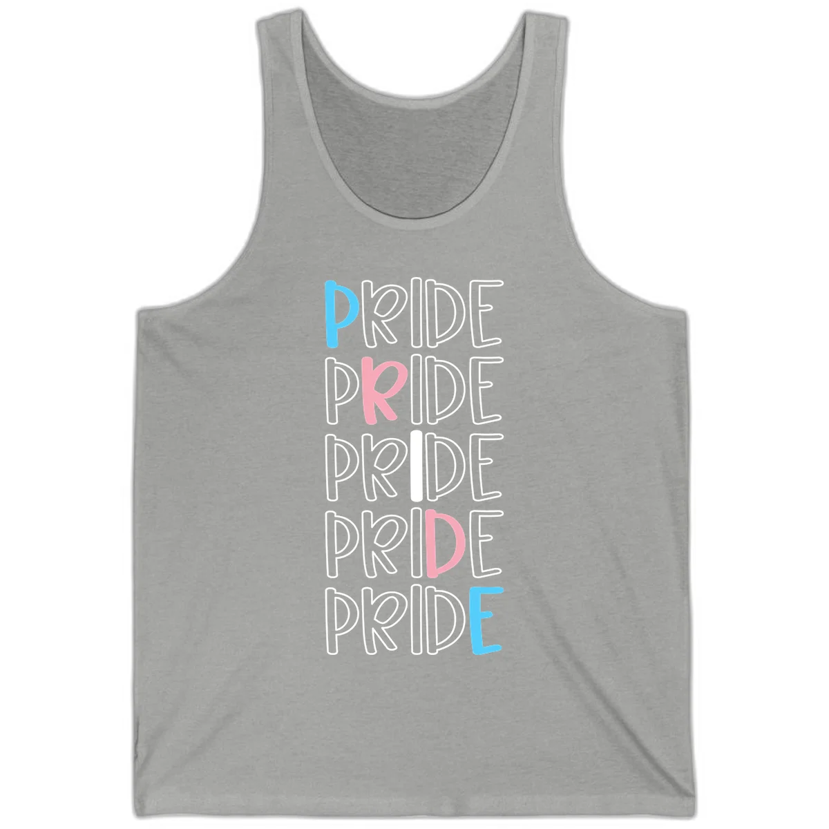 Pride stacked lettering design with the word PRIDE repeated vertically in outlined text with cyan blue and pink accent colors on gray background in Athletic Heather
