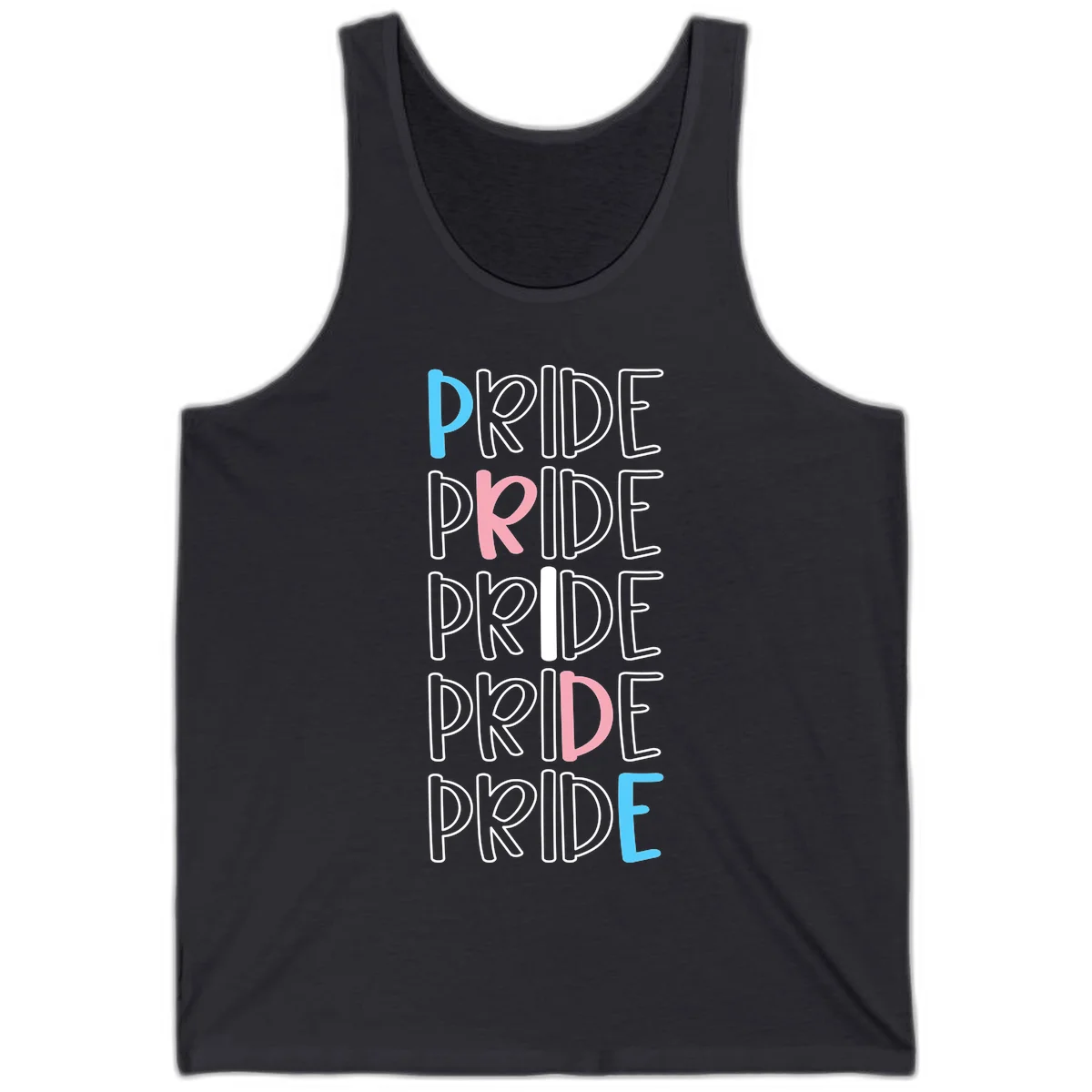Pride stacked lettering design with the word PRIDE repeated vertically in outlined text with cyan blue and pink accent colors on gray background in Dark Grey