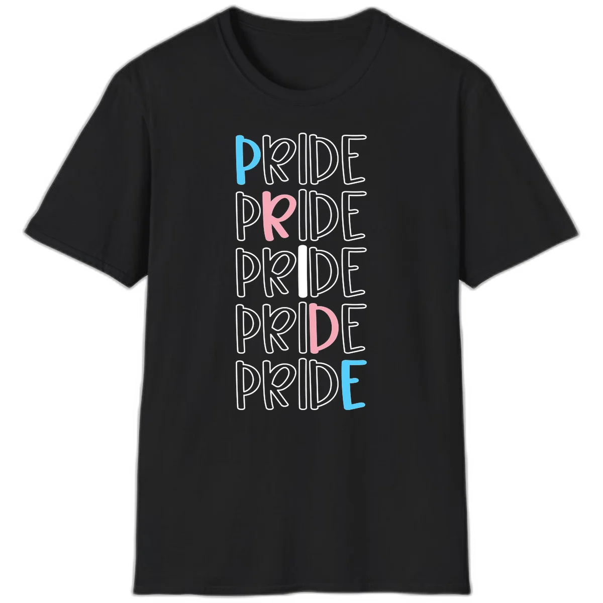 Pride stacked lettering design with the word PRIDE repeated vertically in outlined text with cyan blue and pink accent colors on gray background in Black