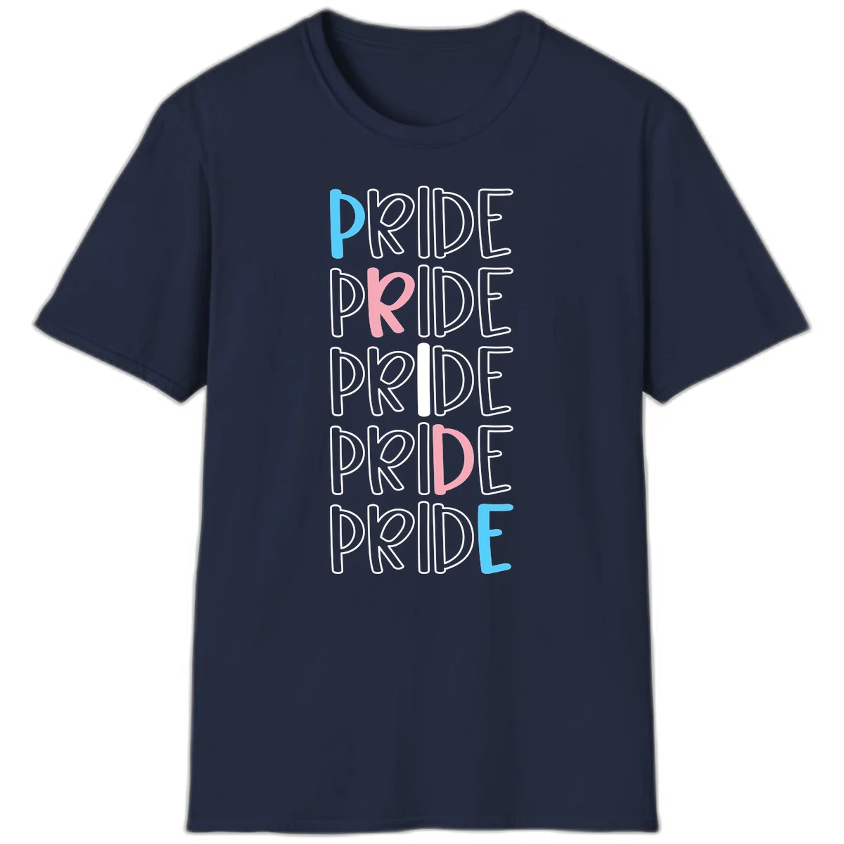 Pride stacked lettering design with the word PRIDE repeated vertically in outlined text with cyan blue and pink accent colors on gray background in Navy