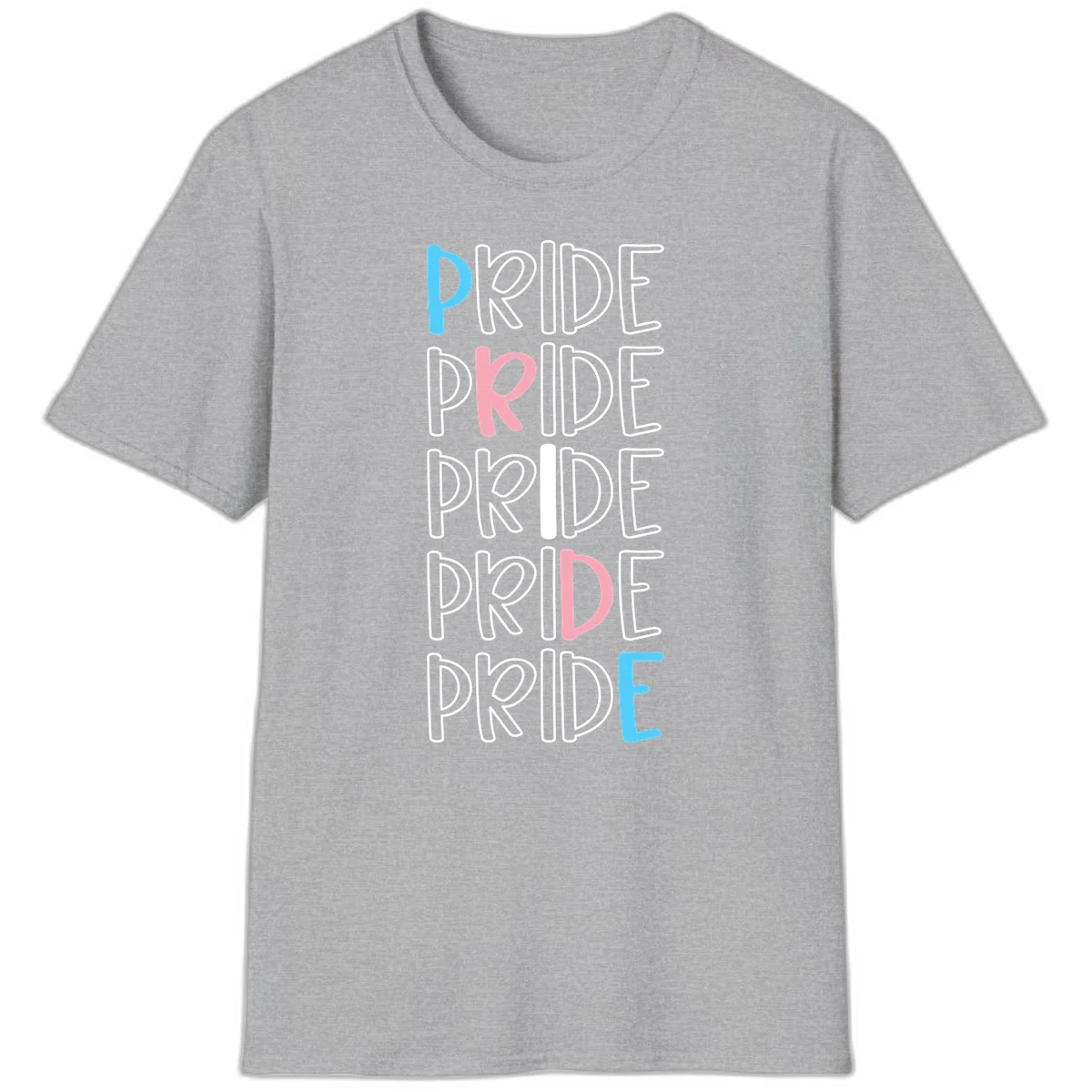 Pride stacked lettering design with the word PRIDE repeated vertically in outlined text with cyan blue and pink accent colors on gray background in Sport Grey