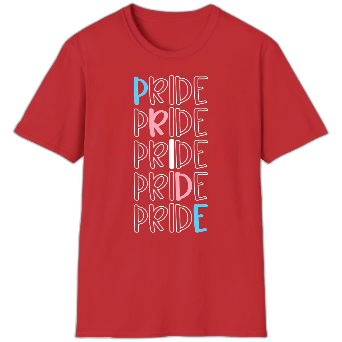 Pride stacked lettering design with the word PRIDE repeated vertically in outlined text with cyan blue and pink accent colors on gray background in Red