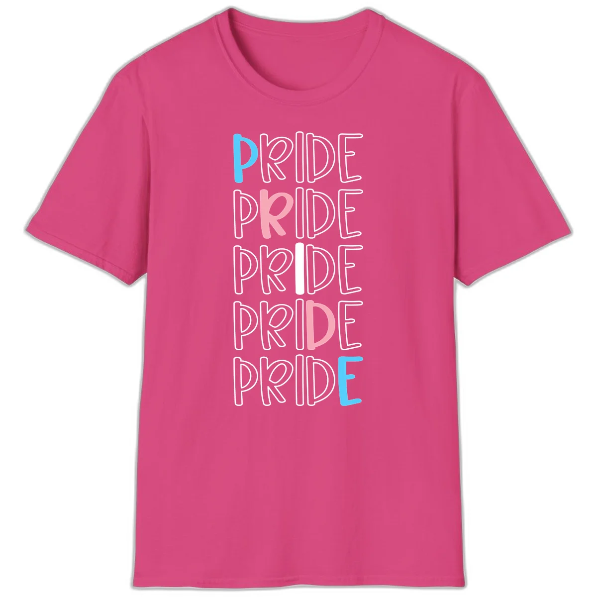 Pride stacked lettering design with the word PRIDE repeated vertically in outlined text with cyan blue and pink accent colors on gray background in Heliconia