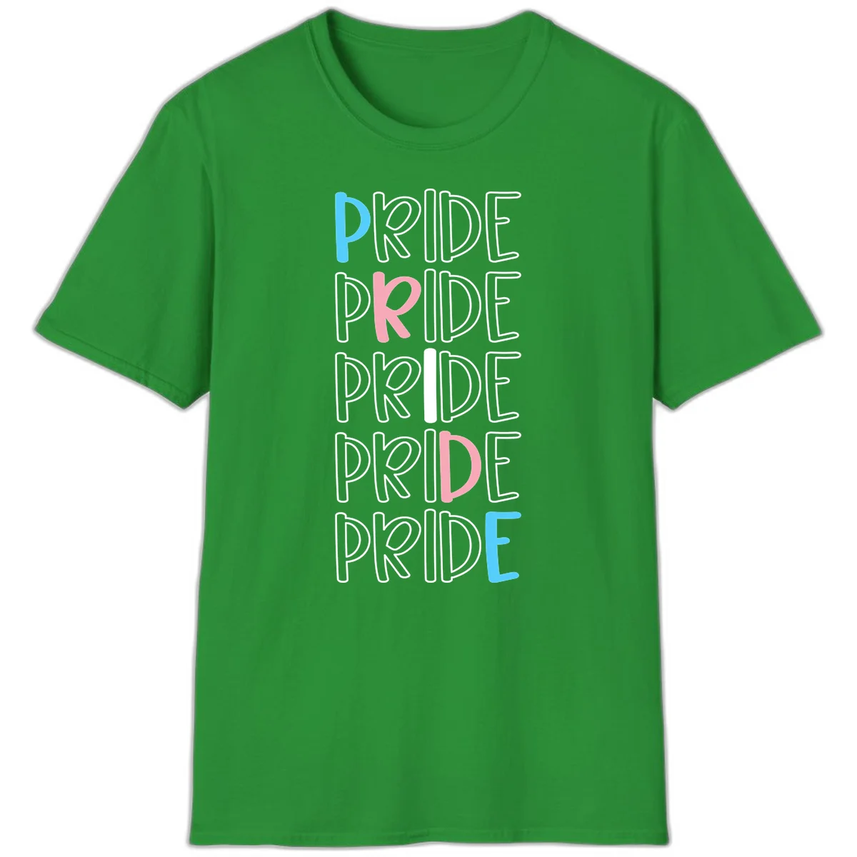 Pride stacked lettering design with the word PRIDE repeated vertically in outlined text with cyan blue and pink accent colors on gray background in Irish Green
