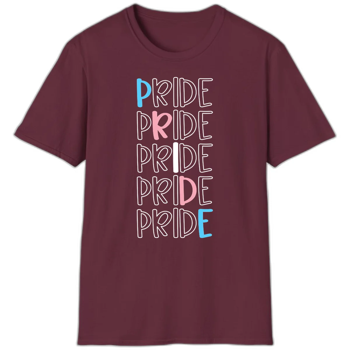 Pride stacked lettering design with the word PRIDE repeated vertically in outlined text with cyan blue and pink accent colors on gray background in Maroon