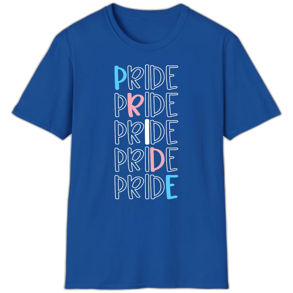 Pride stacked lettering design with the word PRIDE repeated vertically in outlined text with cyan blue and pink accent colors on gray background in Royal