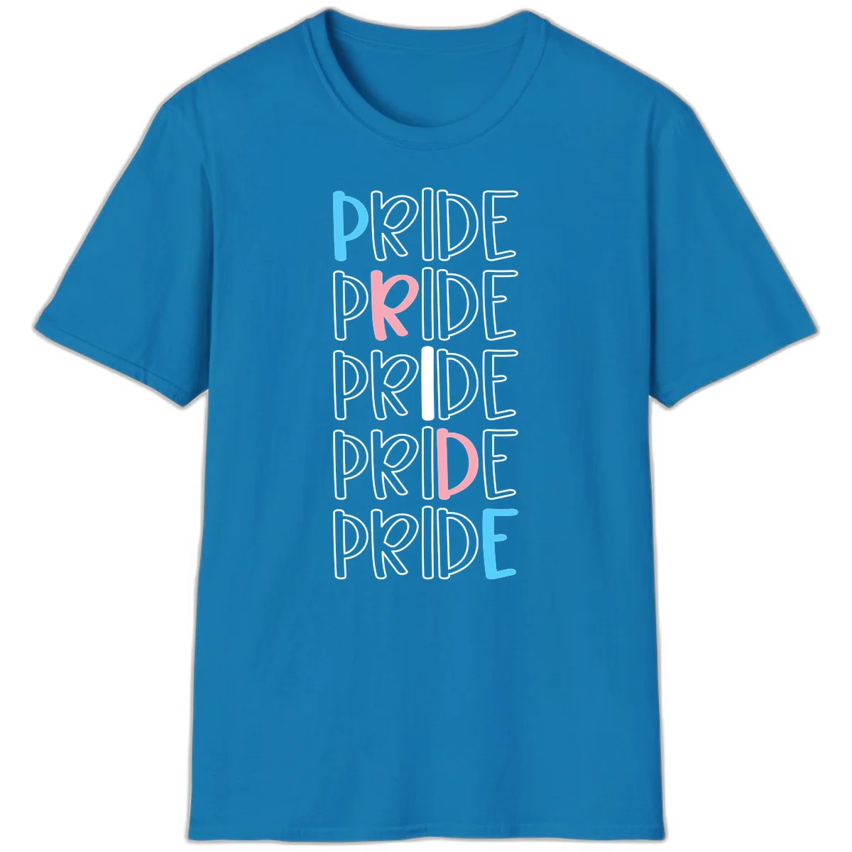 Pride stacked lettering design with the word PRIDE repeated vertically in outlined text with cyan blue and pink accent colors on gray background in Sapphire