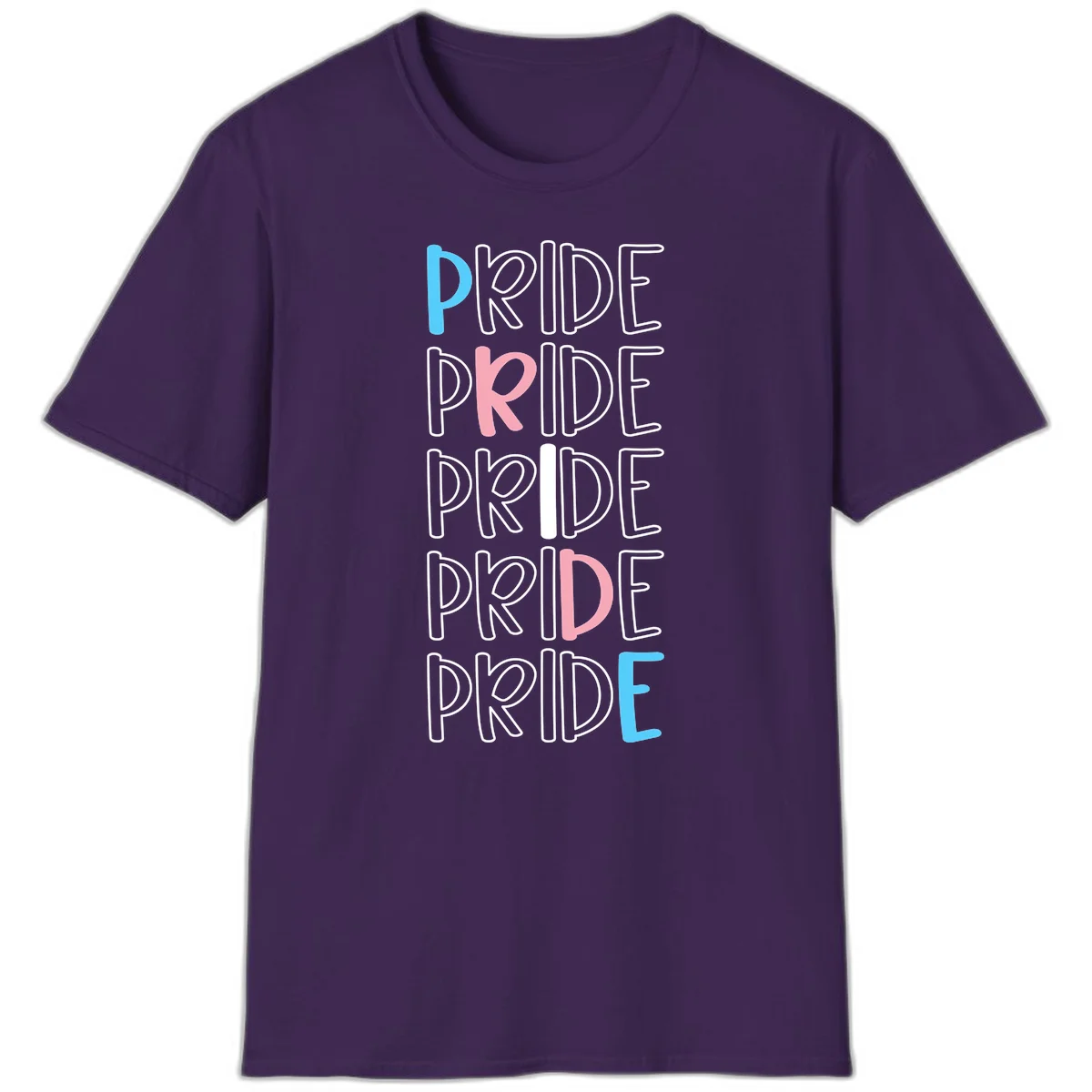 Pride stacked lettering design with the word PRIDE repeated vertically in outlined text with cyan blue and pink accent colors on gray background in Purple