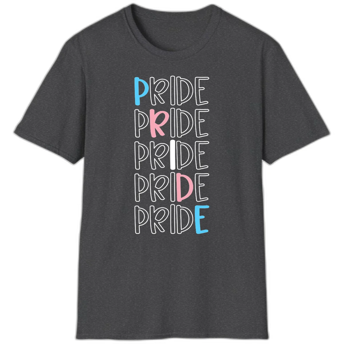 Pride stacked lettering design with the word PRIDE repeated vertically in outlined text with cyan blue and pink accent colors on gray background in Dark Heather