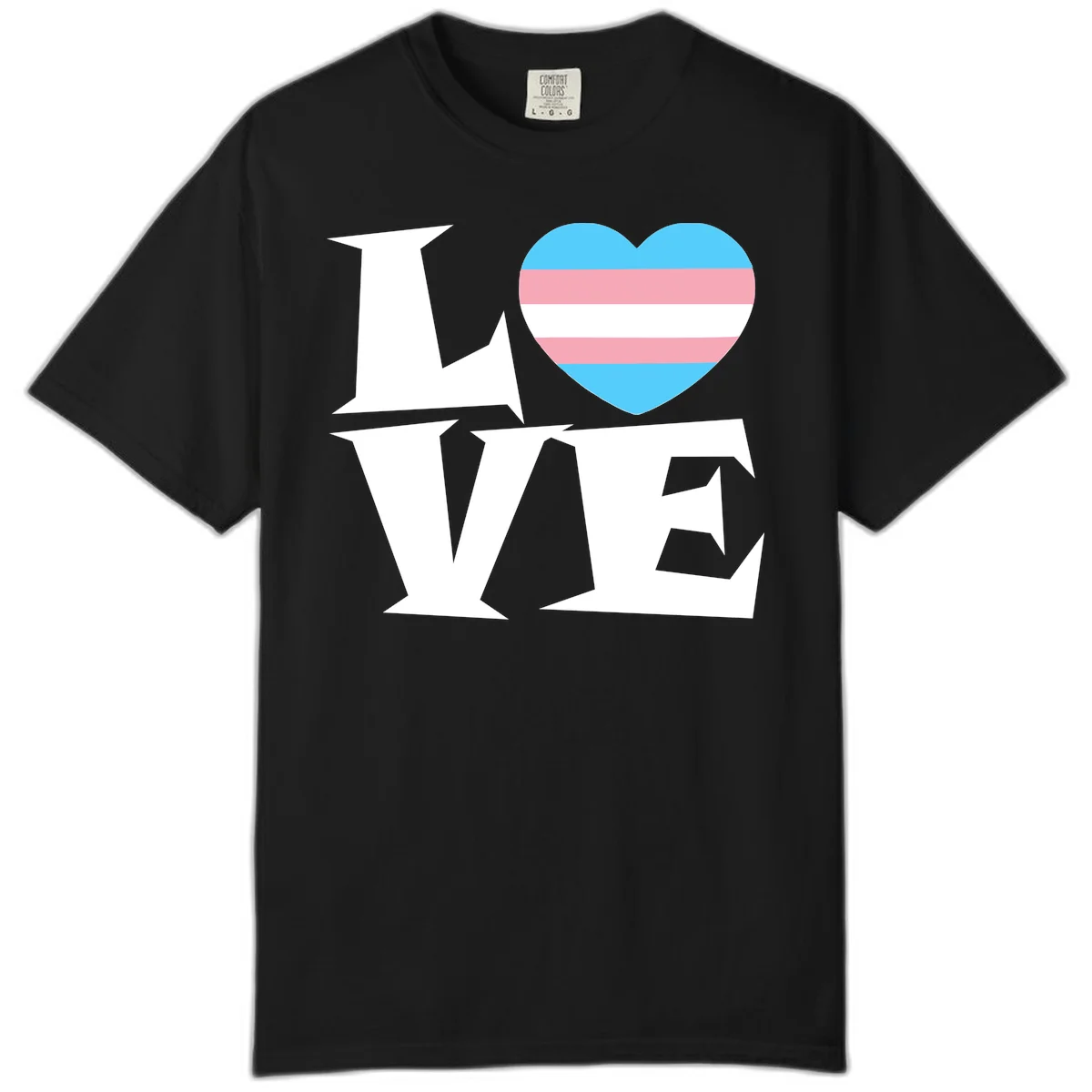 Trans pride heart with cyan, pink, and white stripes next to bold 'Love Wins' text on gray background in Black