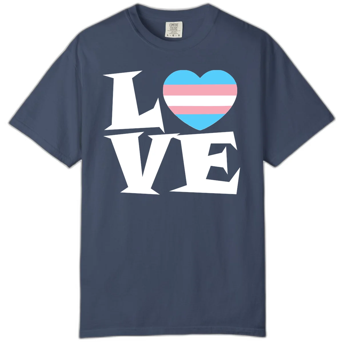 Trans pride heart with cyan, pink, and white stripes next to bold 'Love Wins' text on gray background in Midnight