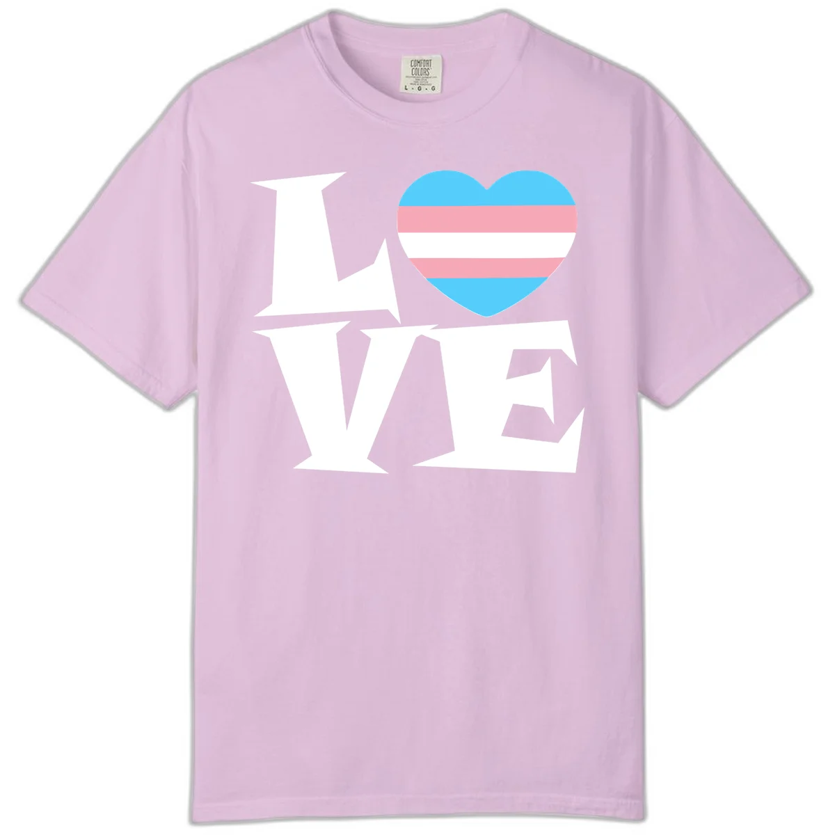 Trans pride heart with cyan, pink, and white stripes next to bold 'Love Wins' text on gray background in Orchid