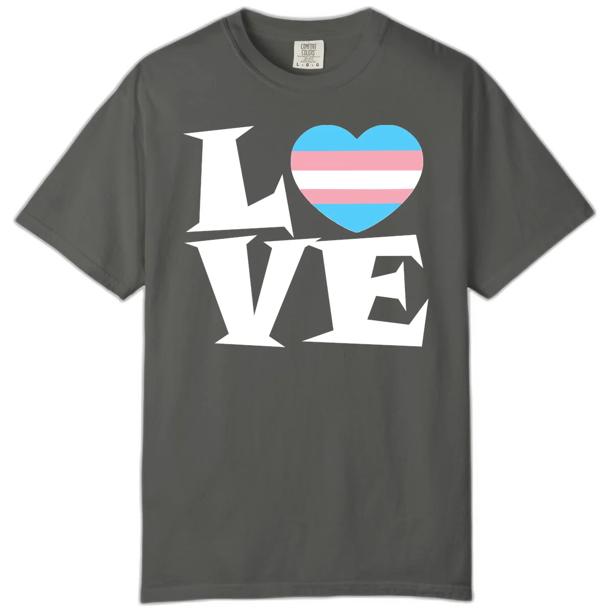 Trans pride heart with cyan, pink, and white stripes next to bold 'Love Wins' text on gray background in Pepper