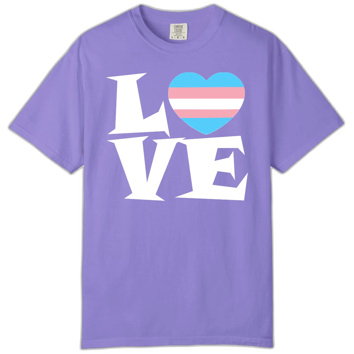 Trans pride heart with cyan, pink, and white stripes next to bold 'Love Wins' text on gray background in Violet