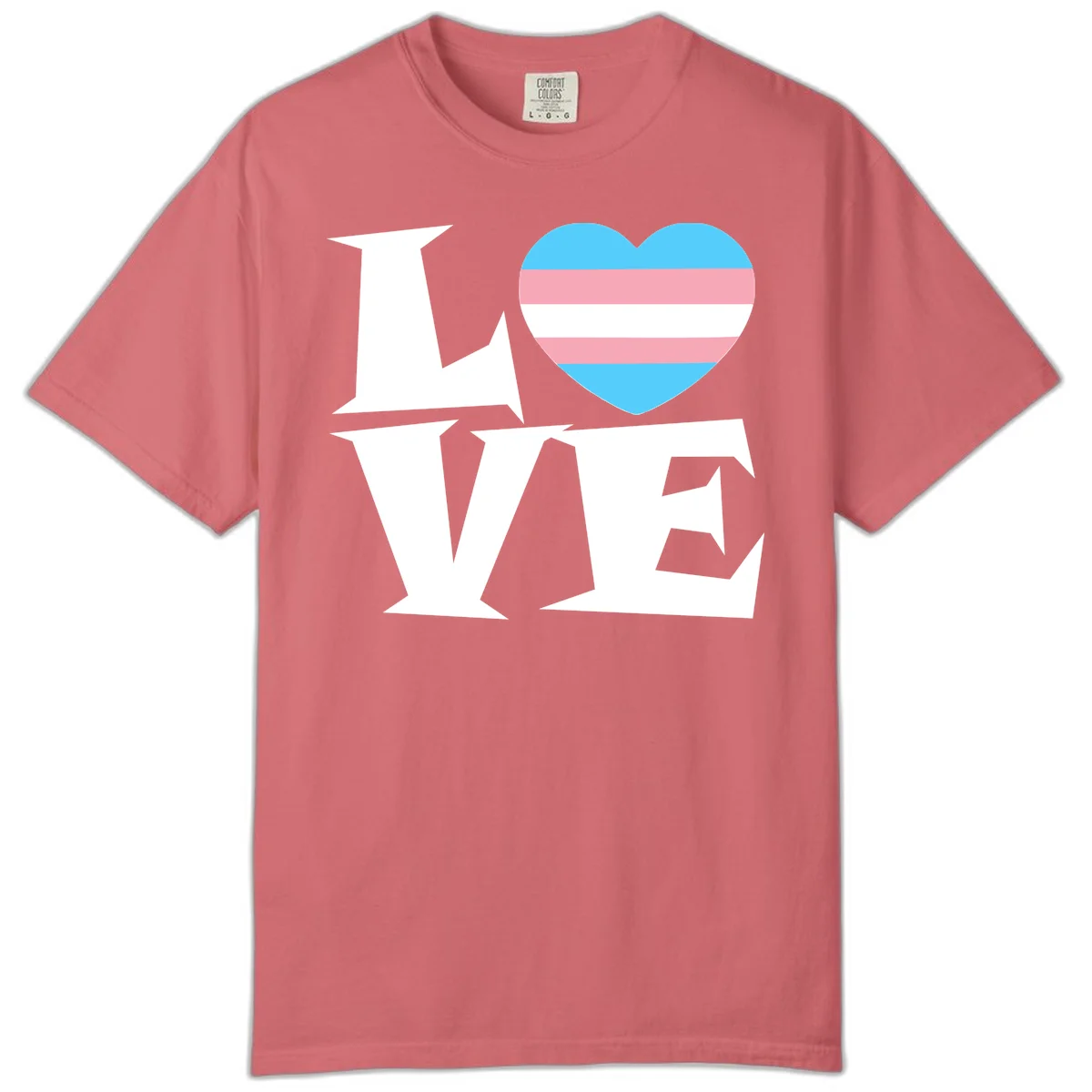 Trans pride heart with cyan, pink, and white stripes next to bold 'Love Wins' text on gray background in Watermelon