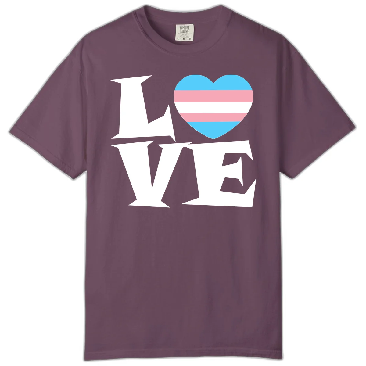Trans pride heart with cyan, pink, and white stripes next to bold 'Love Wins' text on gray background in Berry