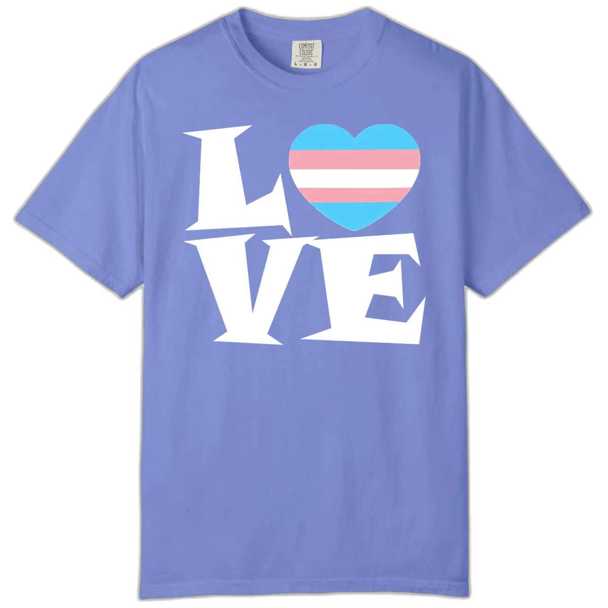 Trans pride heart with cyan, pink, and white stripes next to bold 'Love Wins' text on gray background in Flo Blue