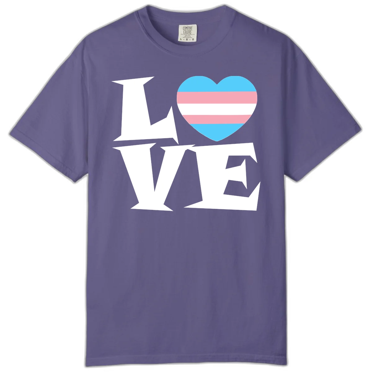 Trans pride heart with cyan, pink, and white stripes next to bold 'Love Wins' text on gray background in Grape
