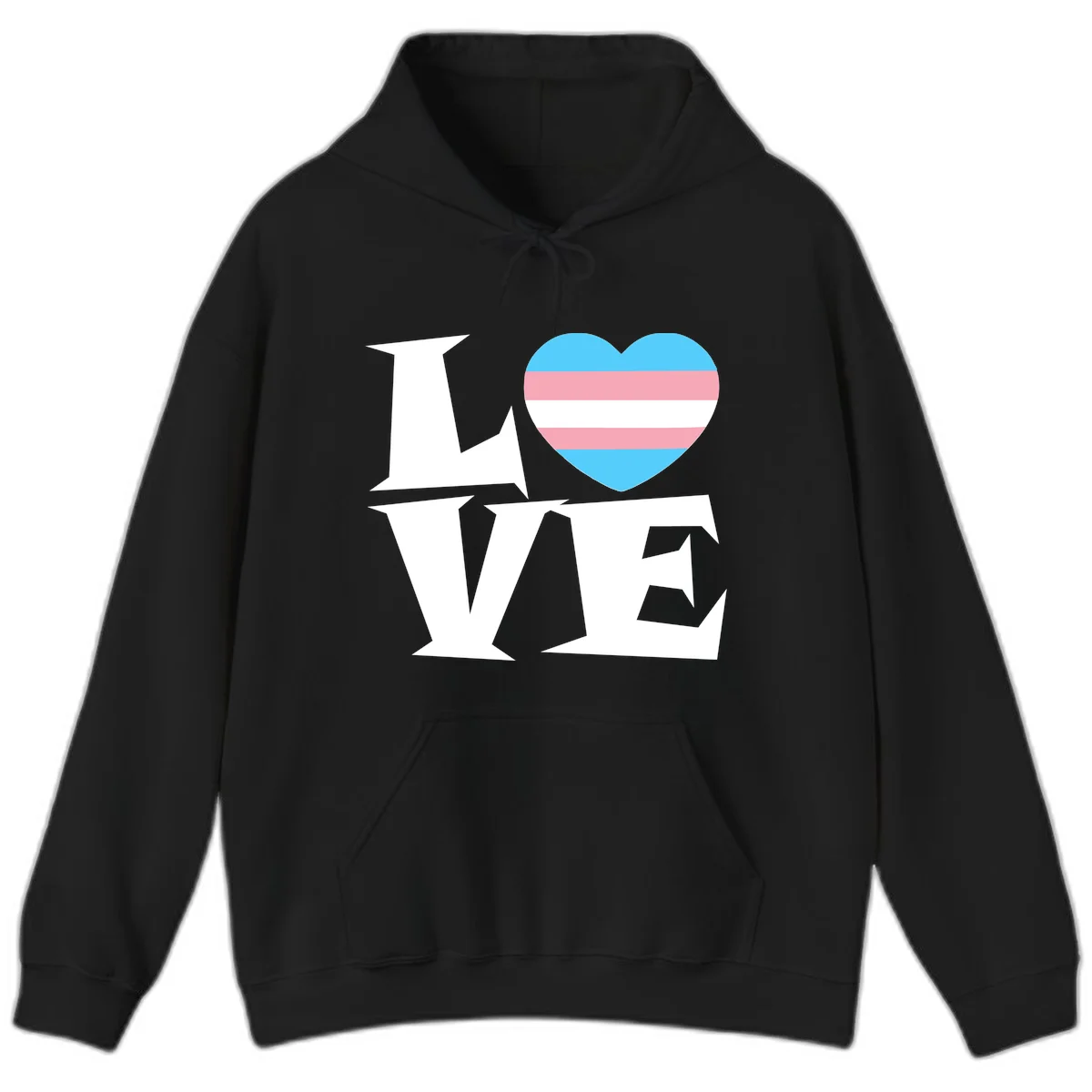 Trans pride heart with cyan, pink, and white stripes next to bold 'Love Wins' text on gray background in Black