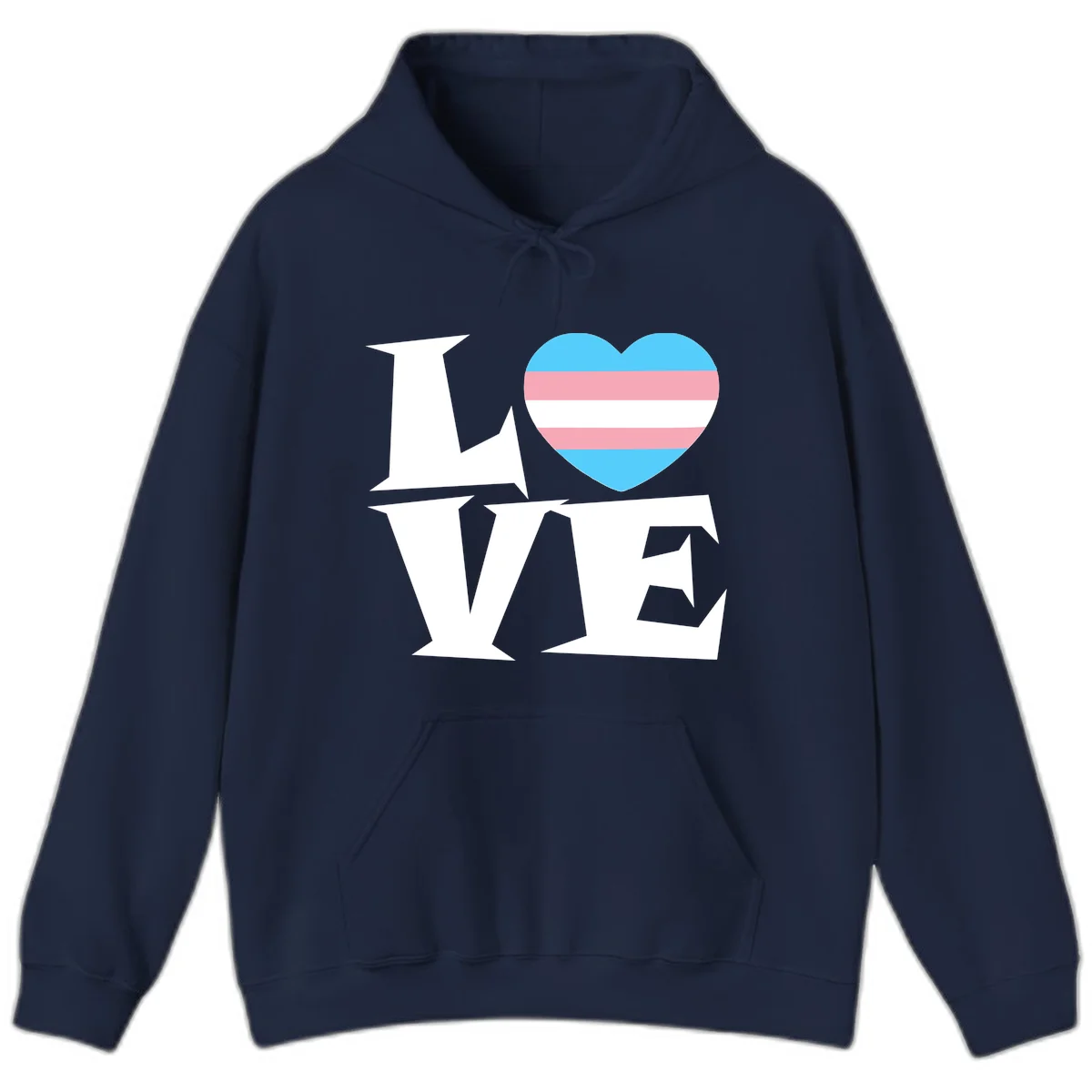 Trans pride heart with cyan, pink, and white stripes next to bold 'Love Wins' text on gray background in Navy