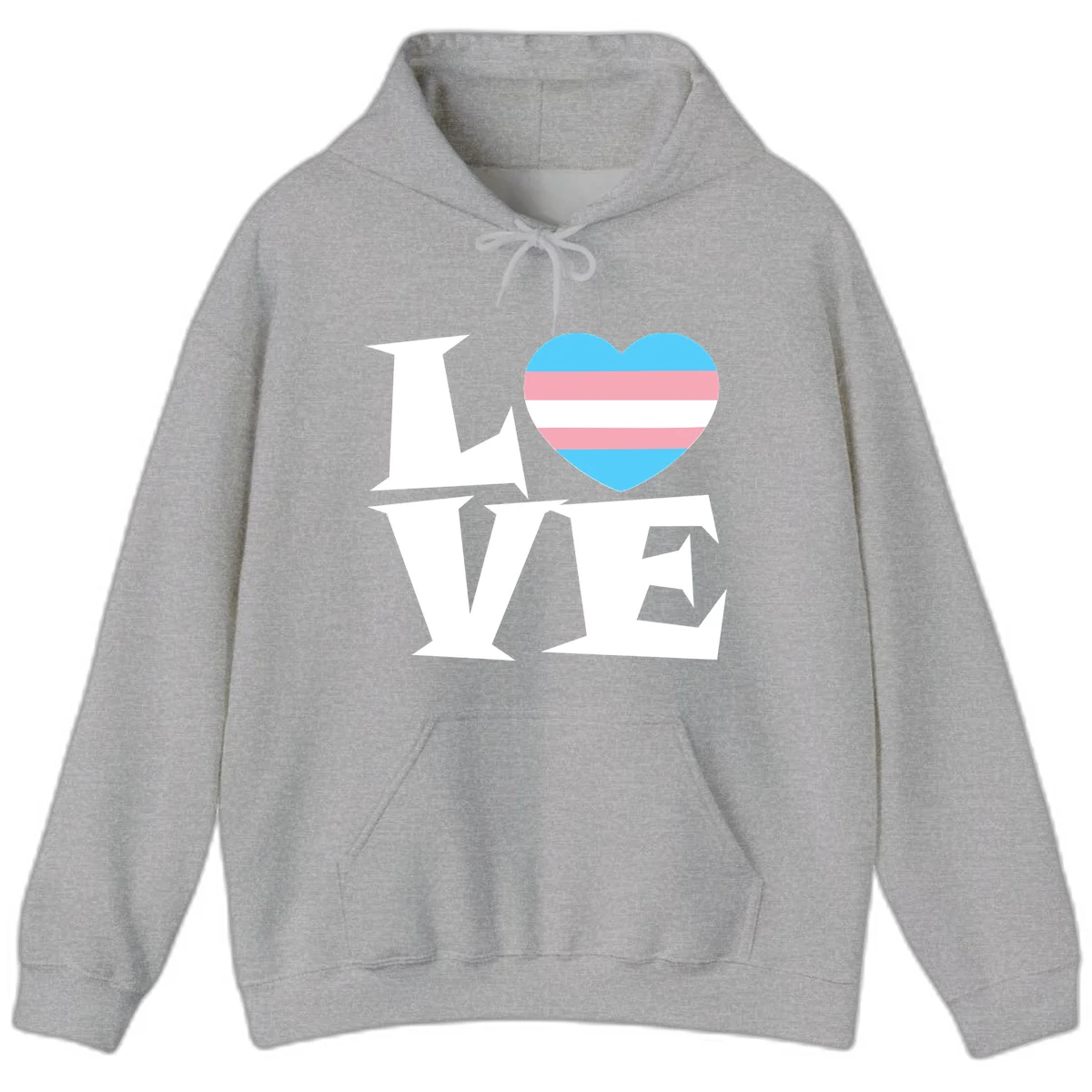 Trans pride heart with cyan, pink, and white stripes next to bold 'Love Wins' text on gray background in Sport Grey