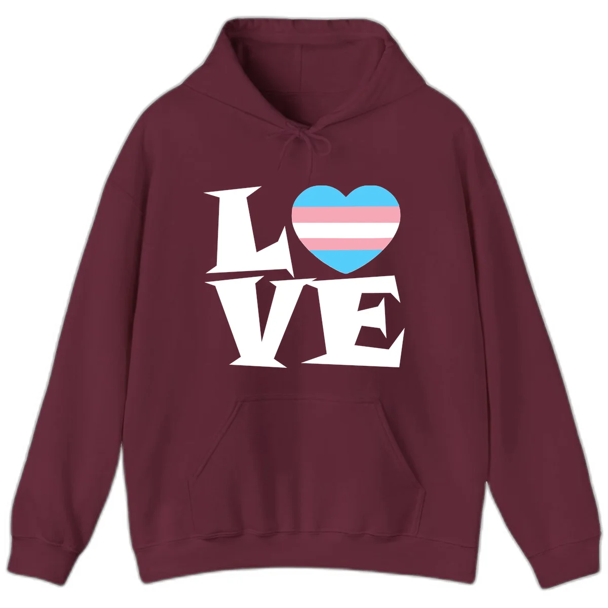 Trans pride heart with cyan, pink, and white stripes next to bold 'Love Wins' text on gray background in Maroon
