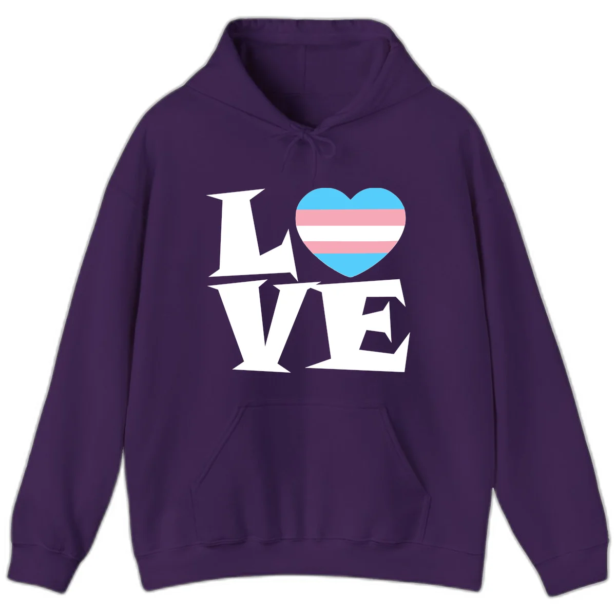 Trans pride heart with cyan, pink, and white stripes next to bold 'Love Wins' text on gray background in Purple